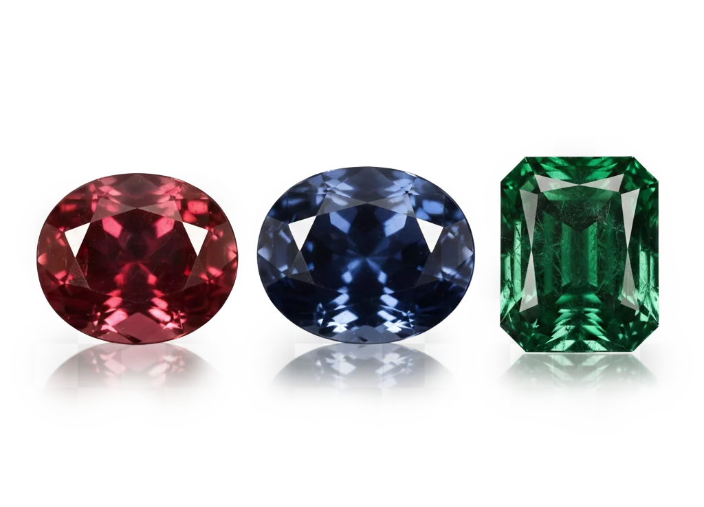 Rubis, saphir bleu et émeraude naturels - pierres précieuses de qualité gemme - EPO Gold Paris